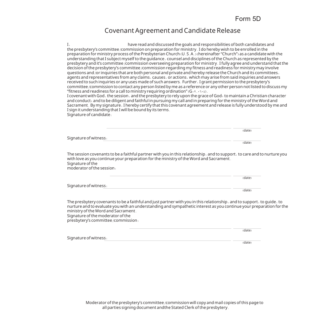 Form 5D Covenant Agreement and Candidate Release